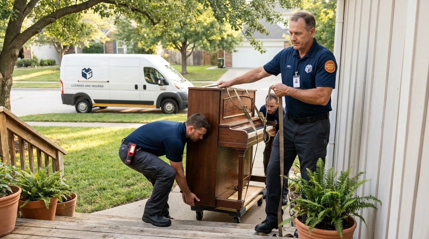 Licensed piano movers securing grand piano in Kaplan, LA