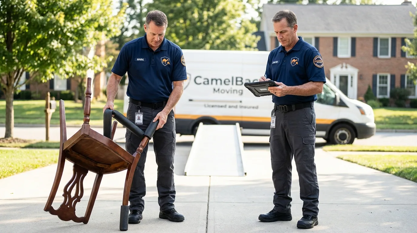 Movers inspecting furniture for damage prevention before loading in Kaplan, LA
