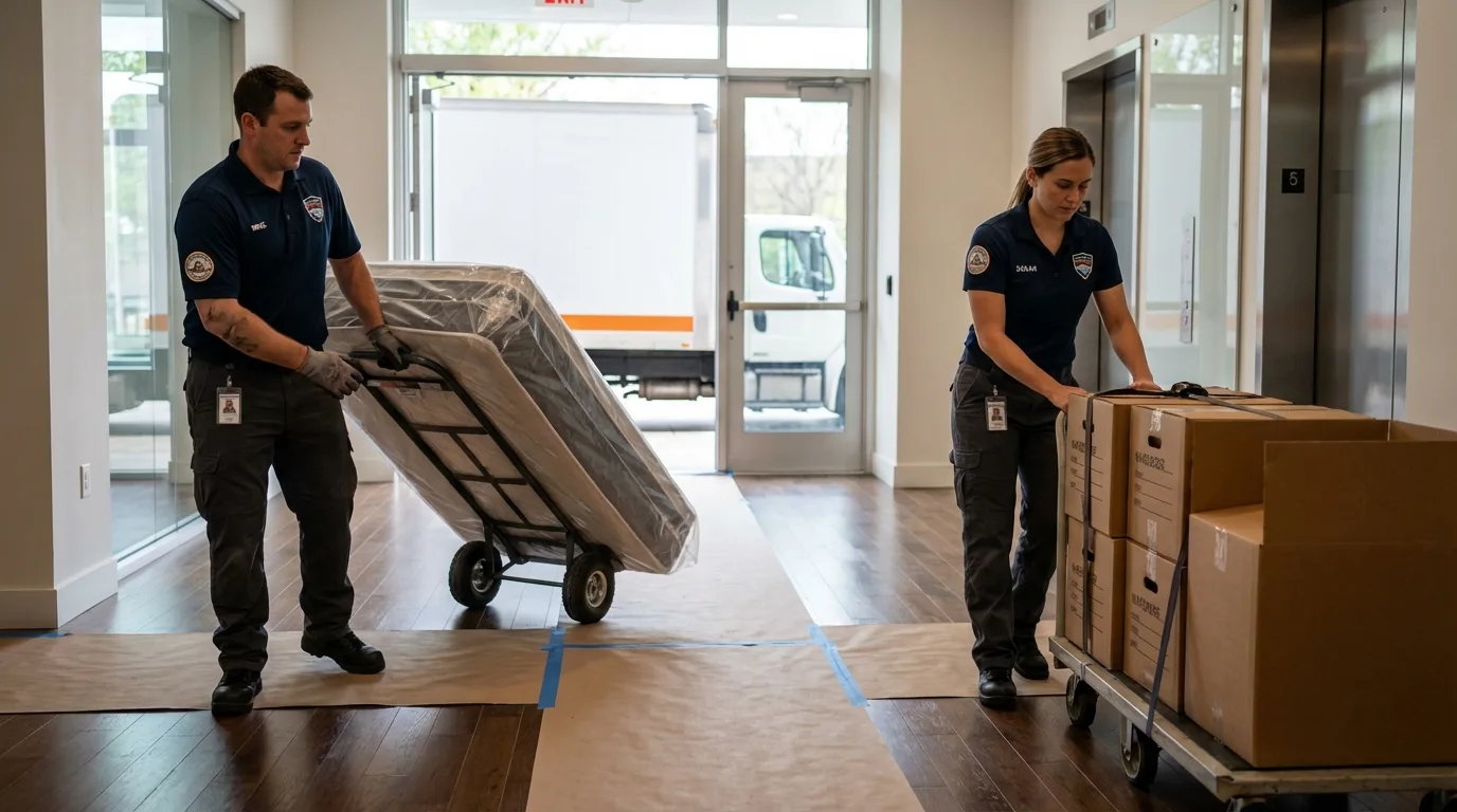 Professional apartment movers loading elevator in Kaplan, LA