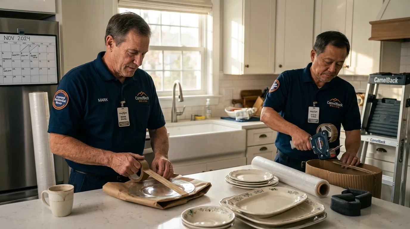 Professional crew packing kitchen dishware in Kaplan, LA